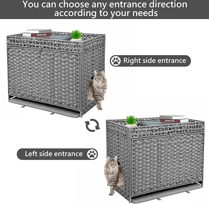 Cat Litter Box Enclosure Furniture Hidden, Pet House Litter Box Furniture for Large Cats, Handwoven Rattan with Door Cat Washroom Box, Indoor Cat House Storage with Soft Litter Mat, Grey
