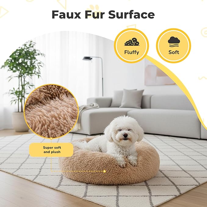 Soft Round Dog & Cat Bed, Anti-Anxiety Donut Cuddler with Anti-Slip Bottom Cozy Fluffy Pet Bed for Medium Large Dogs and Cats, 37inch, Brown