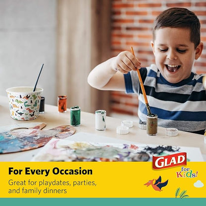 Glad for Kids Dinosaurs Paper Snack Bowls, Colorful Heavy Duty Microwave Safe Disposable Bowls for Soup, Ice Cream, and Snacks, Lids Included, Multicolor, Party Pack, 12 Oz, 20 Count
