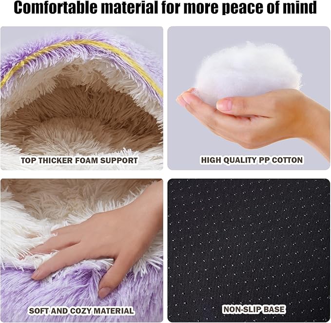 FORMYCATIE Cat Beds for Indoor Cats,Cat Cave for Puppy and Kitty,Calming Small Dog Bed for Small Dogs with Cover Cave,Cozy Warming Fluffy Washable Anti-Slip Pet Sleeping Bag(24 * 24inch,Purple)