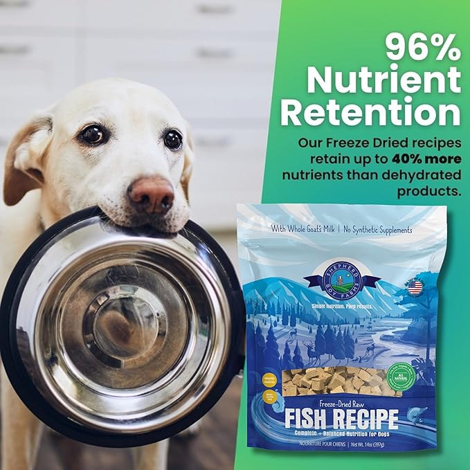 Shepherd Boy Farms Freeze Dried Raw Dog Food, Fish Medley Recipe, All Natural, No Synthetics, Made in USA with Goat's Milk & Organic Produce, High Protein, Complete Meal (14oz)