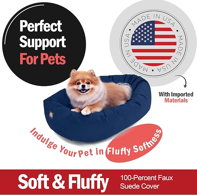 Majestic Pet Suede Shredded Memory Foam Mix Calming Dog Bed Washable - Cozy Soft Round Dog Bed with Spine for Head Support - Fluffy Donut Dog Bed, 24 Inch, Navy