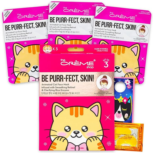 The Crème Shop Animal Face Mask 3 Pack - Bundle with 3 Cat Face Masks Made in Korea with Retinol and Rice Enzyme for Smoothing and Clarifying | The Creme Shop Skin Care