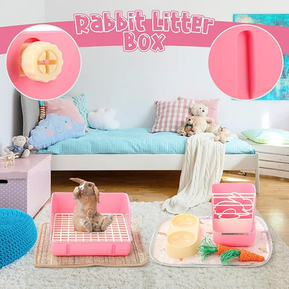 Honeydak 10 Pcs Rabbit Starter Kit Small Litter Box Bunny Grooming Kit Scratch Pads Hay Feeder Bowl Ice Pad with Bunny Toys for Guinea Pig Rabbit Accessories(Pink)