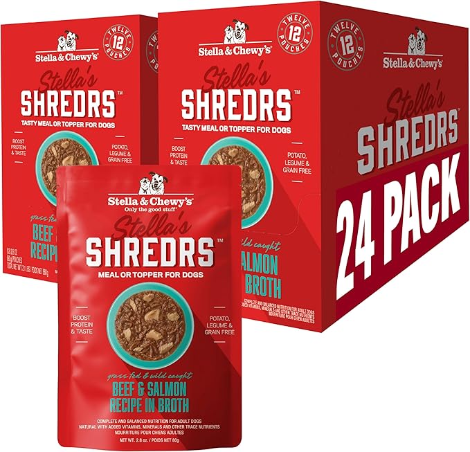 Stella & Chewy's Grass Fed Beef & Wild Caught Salmon Shredrs - Premium Dog Food Pouches - Perfect for Picky Eaters- 12 Pack, 2.8oz Each