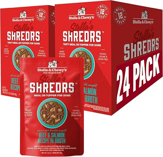 Stella & Chewy's Grass Fed Beef & Wild Caught Salmon Shredrs - Premium Dog Food Pouches - Perfect for Picky Eaters- 12 Pack, 2.8oz Each