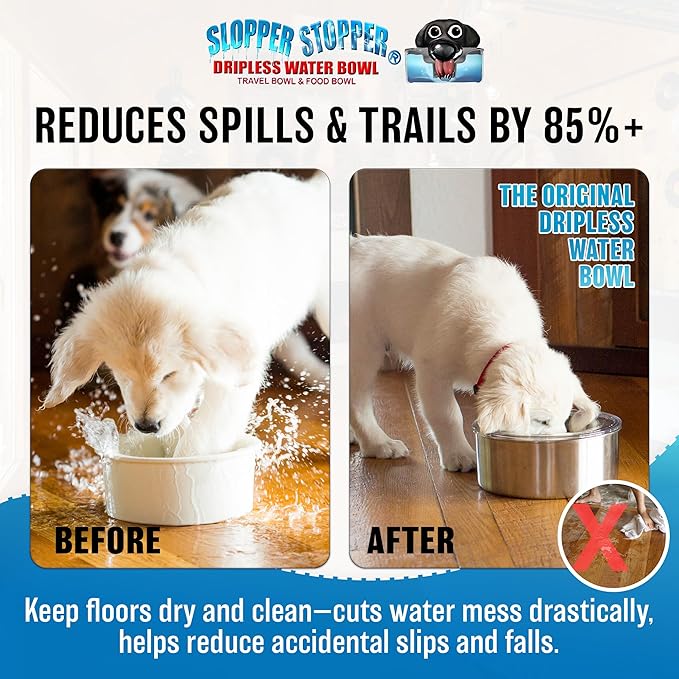 Slopper Stopper Tritan Plastic Dripless Water Bowl with Lid – Holds 1.25Qt, Reduces Spills & Trails Up to 85%+, Water Bowl for one XSM Small Breed Dog (0-20 lbs), The Original Slobber Stopper