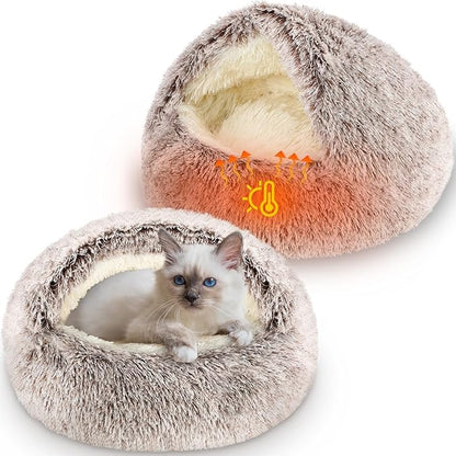 Cinnvoice 2 Pcs Self Warming Cat Beds with Hood, Self Heating Dog Cave Bed, Fluffy Round Covered Pet Pad, Plush Hooded Pet Beds with Non-Slip Bottom for Indoor Cat or Small Middle Dog(Coffee,24 in)