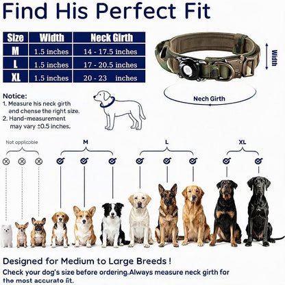 Tactical AirTag Dog Collar Waterproof with QR Code ID Tag, Military Training Dog Collar with Built-in AirTag Holder, Metal Buckle & Handle, GPS Tracking Collar for Medium to Large Dogs (Camo, L)