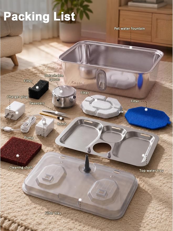 Kastty 17L/4.5Gal Stainless Steel Dog Water Fountain for Large Dogs | Large Capacity Pet Water Fountain,Quiet Automatic Dog Water Bowl Dispenser with LED Light, Easy to Clean for Multi-Pet FS84
