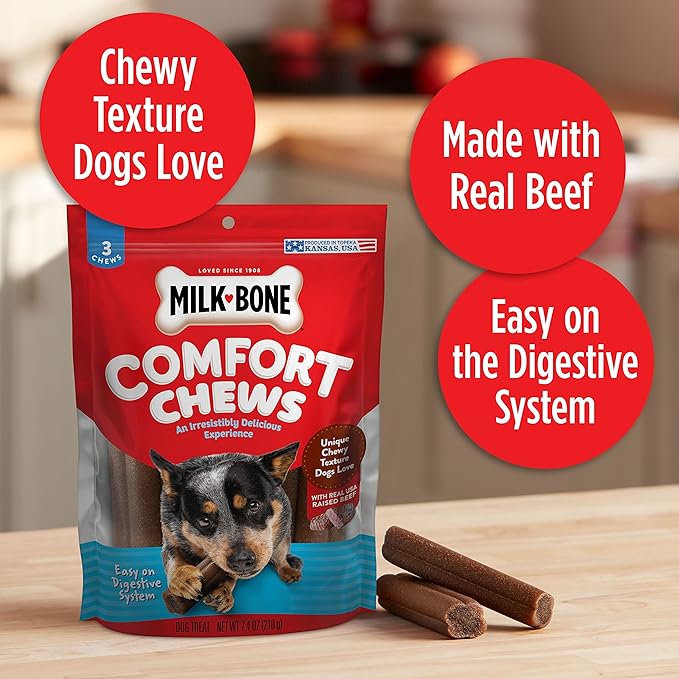 Milk-Bone Comfort Chews, Dog Treats with Unique Chewy Texture and Real Beef, 3 Chews (Pack of 5)