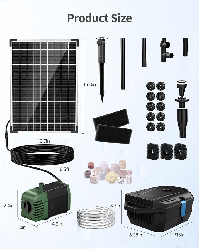 20W Solar Pond Filter with Fountain Pump, Solar Pond Pump and Filter Kit for Outdoor Pond Filter Box with Bio Media for Water Gardens, Ponds Up to 280 Gallons P3202