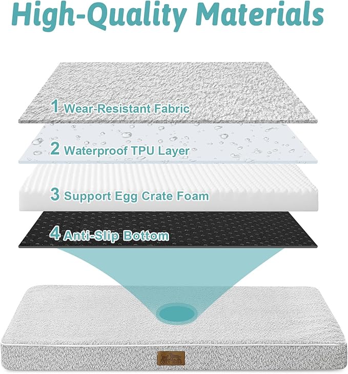 COZY KISS Dog Crate Bed for Large Size Dogs, Rectangular Orthopedic Dog Beds, Foam Anti-Slip Bottom Pet Mat with Washable Removable Cover, Suitable for Pet Up to 75 lbs, 36x27x3 inch, Grey
