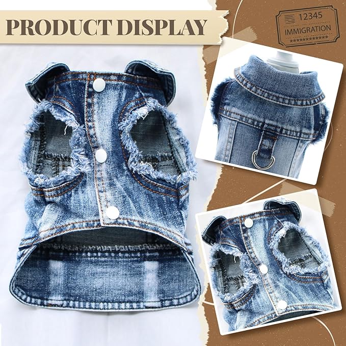 Cool Dog Jean Jacket Vest with D-Ring Blue Denim Dogs Outfits for Small Medium Dogs Cats Boy Male Dog Clothes Costume Dogggie Puppy Harness Coat for Frenchie Walking(Blue with D-Ring,L)