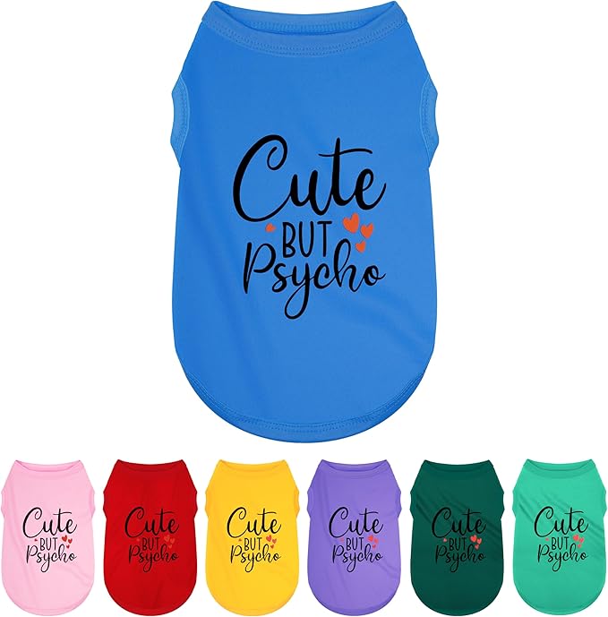 Expressive Polyester Dog Shirt Clothes: Ultra-Soft, Lightweight Puppy Shirt for Small & Medium Dogs – Features Playful 'Cute but Psycho' Slogan Print, Blue L