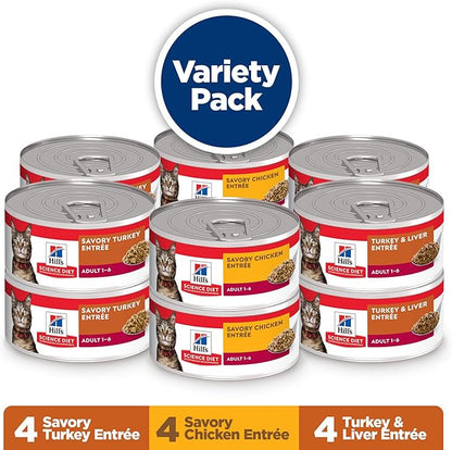Hill's Science Diet Adult 1-6 Wet Cat Food Variety Pack, Savory Entrée Turkey & Liver, Chicken, and Turkey, 5.5 oz. Cans, 12-Pack