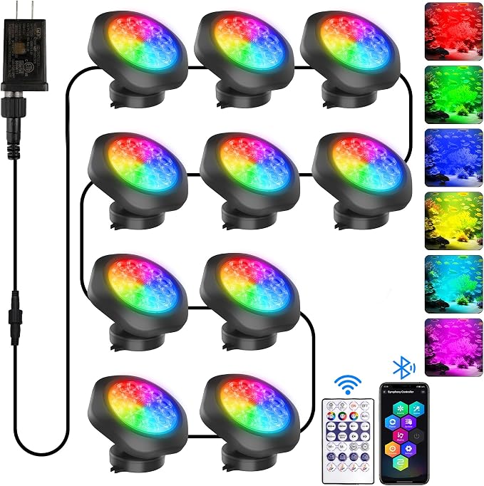 T-SUN Pond Lights LED Underwater 16M Colors with App and Remote 10 Pack | Dimmable,Timer,IP68 Waterproof Submersible Fountain Lights Led Underwater Pond Lights for Outdoor Pond Koi Aquarium Garden