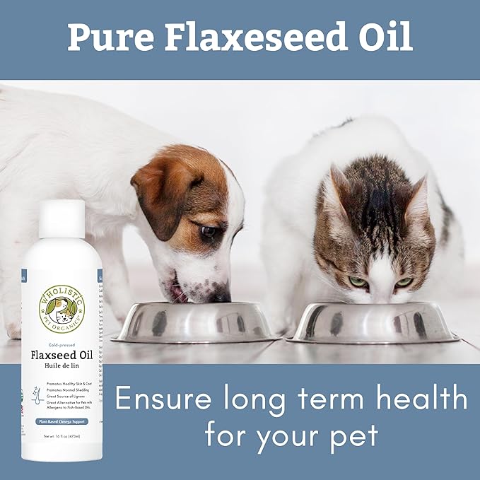 Wholistic Pet Organics Flaxseed Oil for Dogs and Cats - 16 Oz - Omega 3 for Dogs and Cats - Cat & Dog Skin and Coat Supplement for Itchy Skin, Shedding - Omega 3 6 9 Liquid Food Topper - 90 Day Supply