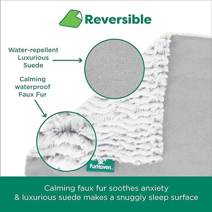 FurHaven Waterproof Dog Blanket – Birch Faux Fur & Suede Calming Throw for Pets, Washable – Gray, XL