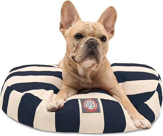 Navy Blue Vertical Stripe Small Round Indoor Outdoor Pet Dog Bed With Removable Washable Cover By Majestic Pet Products