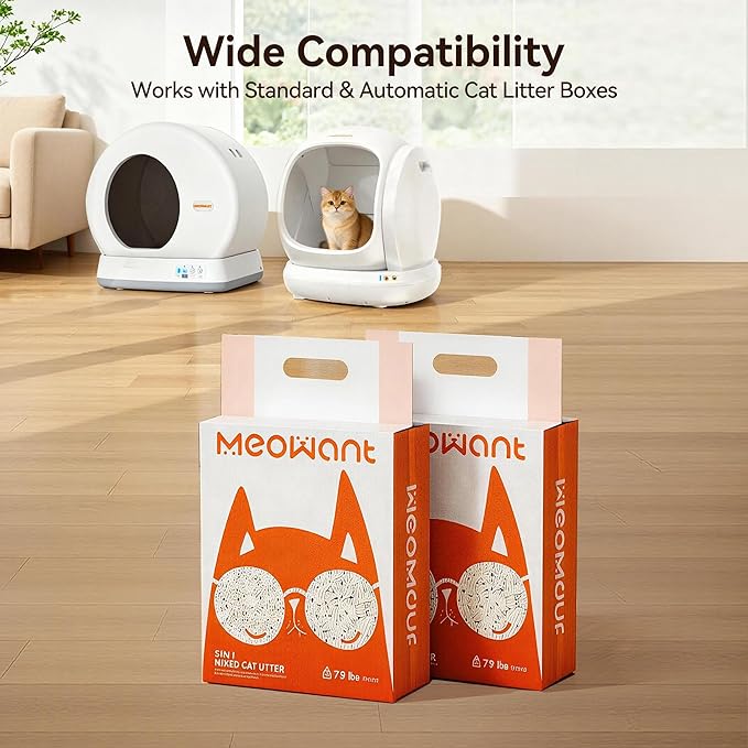 Meowant Mixed Cat Litter, 5-in-1 Natural Bentonite Tofu Clumping Cat Litter, Ultra Absorbent, Fast Clumping, Dust-Free, Odor Control, Flushable, 7.9lbs*2