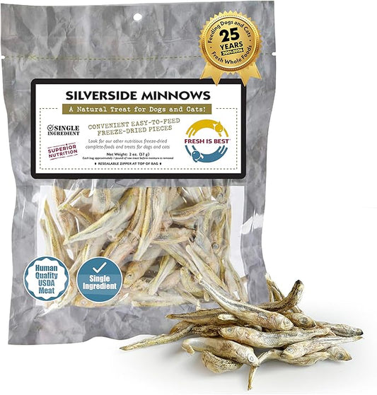 Fresh Is Best Silverside Minnows Freeze Dried Dog Treats – Raw Freeze Dried Cat Treats in Resealable Zipper Bag – High-Protein Minnows for Cats and Dogs – Made in the USA