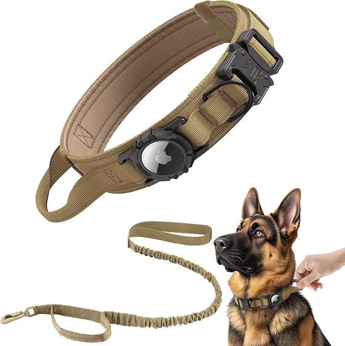 Tactical AirTag Dog Collar Leash Set - Heavy Duty, Adjustable GPS Collar | Compatible with Apple AirTag, with Holder & Control Handle for Medium/Large Dogs [ Brown, L ]