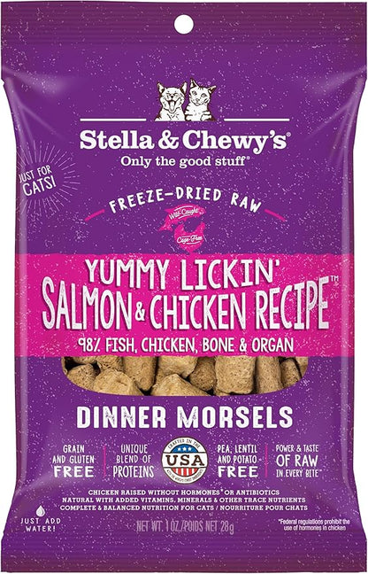 Stella & Chewy's Freeze-Dried Raw Cat Dinner Morsels - Premium Salmon & Chicken Recipe with 98% Wild-Caught & Cage-Free Protein - Natural Grain-Free Cat & Kitten Food - Made in USA - 1 oz (Pack of 6)