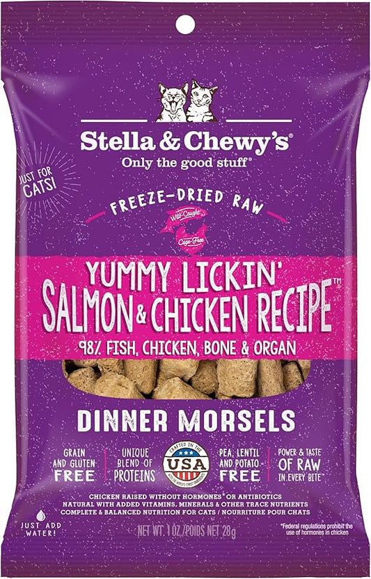Stella & Chewy's Freeze-Dried Raw Cat Dinner Morsels - Premium Salmon & Chicken Recipe with 98% Wild-Caught & Cage-Free Protein - Natural Grain-Free Cat & Kitten Food - Made in USA - 1 oz (Pack of 6)