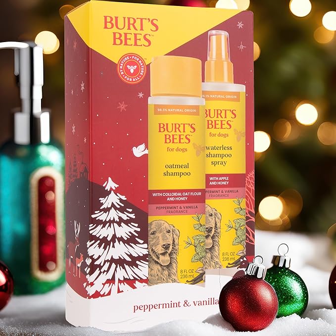 Burt's Bees for Pets Holiday Grooming Kit, Peppermint & Vanilla Fragrance | Oatmeal Shampoo and Waterless Dog Grooming Spray for All Dogs and Puppies | Cruelty Free, Made in USA, 8 Fl Oz