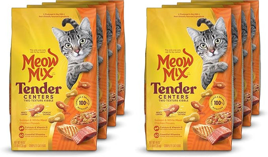 Meow Mix Tender Centers Salmon & White Meat Chicken Flavors Cat Food,3 Pound,Crunchy Outside Meaty Inside,(Pack of 8)