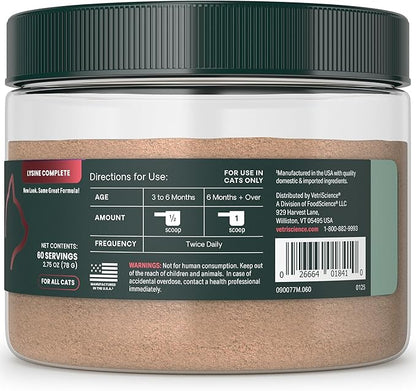 VetriScience Ultimate Strength Lysine Immunity Health Powder for Cats & Kittens, Supplement for Allergy & Nasal Support, Sneezing, Runny Nose & Watery Eyes, Chicken & Cheese Flavor, 60 Count -New Look