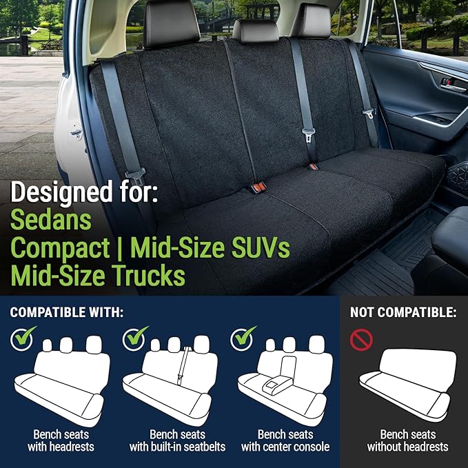 Season Guard Back Seat Towel Seat Cover for Cars; Great for After Gym Workouts, Dogs, and Outdoor Activities; Universal Fit for Cars SUVs Vans Trucks Rear Seats, EZ fit, Non Slip Grip, Black