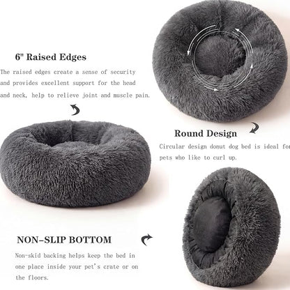Small Calming Dogs Bed for Small Dogs Anti-Anxiety Machine Washable Fluffy Luxury Anti-Slip Waterproof Mute Base Warming Cozy Soft Pet Puppy Round Bed