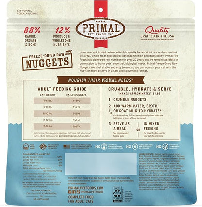 Primal Freeze Dried Raw Cat Food Nuggets Rabbit, Complete & Balanced Meal or Topper, Premium, Healthy, Grain Free, High Protein Raw Cat Food with Probiotics (14 oz)