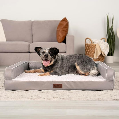 Furhaven Orthopedic Dog Sofa Bed – Memory Foam Couch with Bolsters, Textured Plush & Water-Resistant Cover, Washable Cover, Joint Support - Greige, Large