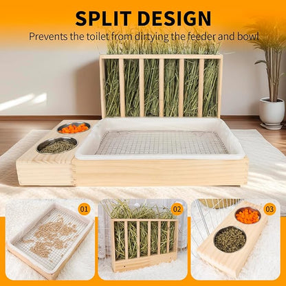 BESNEW 3 in 1 Rabbit Hay Feeder with Litter Box,Upgraded Wooden Hay Feeder Set for Guinea Pig Chinchilla Bunny Other Small Animals,Quick Cleaning & Large Capacity & Preventing Waste