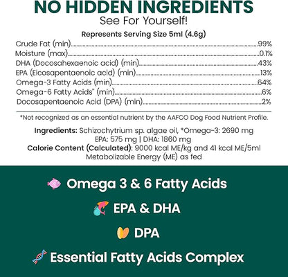 Vegan Omega 3 Oil for Dogs - 8 oz of Fish Free Algae Oil for Healthy Skin and Coat - Made with Omega 3 and 6 Fatty Acids, EPA, DHA, and DPA - Made in the USA