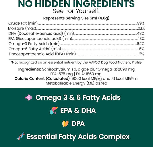 Vegan Omega 3 Oil for Dogs - 4 oz of Fish Free Algae Oil for Healthy Skin and Coat - Made with Omega 3 and 6 Fatty Acids, EPA, DHA, and DPA - Made in the USA