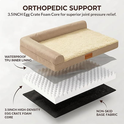 Patas Lague Orthopedic Dog Bed Medium Size Dog 30''X20'', Waterproof L Bolster Medium Pet Sofa Beds with Removable Washable Cover, Soft Comfortable Pet Couch Crate Mat with Nonskid Bottom, Cream