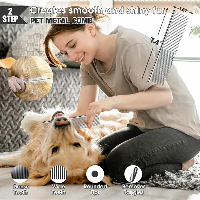 Bonteck Dog Slicker Brush for Dogs Grooming Kit 4PCS | Large Dog Brush for Goldendoodles Poodles Doodles | Long Pin Haired Brush | Poodle Brushes and Comb (Purple)