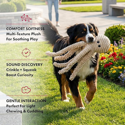 Pet Lou 18 Inch Octopus Plush Dog Toy with Squeaker and Crinkle Paper, 100% Natural Nubby Durable Plush Squeaky Toy for Indoor and Outdoor Play