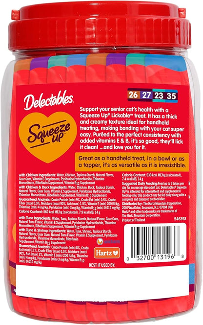 Delectables Squeeze Up Senior 10+ Variety Pack, Creamy Squeezable Puree, Lickable Wet Cat Treats, Grain Free, 0.5 Ounces Tube, 48 Tubes Total