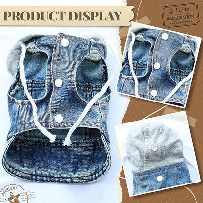 Cool Dog Jean Jacket Vest with D-Ring Blue Denim Dogs Hoodies Outfits for Small Medium Dogs Cats Boy Male Dog Clothes Costume Dogggie Puppy Harness Coat for Frenchie Walking(Grey Hat,XL)