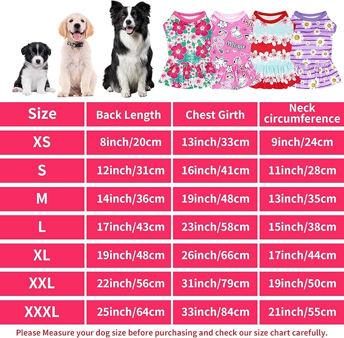 4PCS Dog Dresses Shirts for Extra Large Dogs Girl Female Pink Purple Red Skirts Summer Clothes Pet Apparel Floral Sundress Small Daisy Unicorn Stretchable Lightweight Outfit XL
