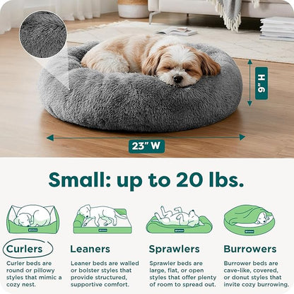 Furhaven 23" Round Calming Donut Dog Bed for Indoor Cats & Small Dogs, Washable, For Dogs Up to 20 lbs - Shaggy Plush Long Faux Fur Donut Bed - Gray, Small, 23.0"L x 23.0"W x 9.0"Th