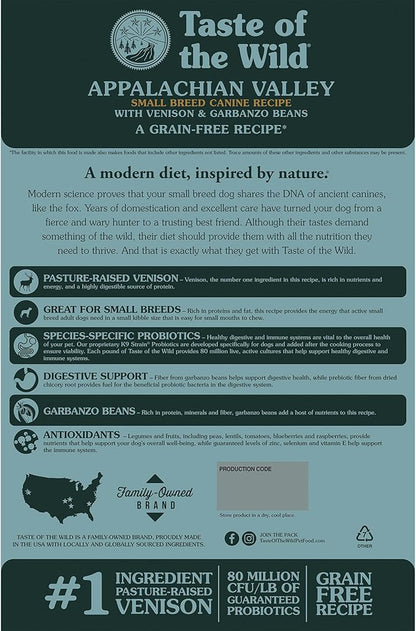 Taste of the Wild Appalachian Valley Small Breed Grain-Free Recipe with Roasted Venison Dry Adult Dog Food, Made with High Protein from Real Venison 14lb