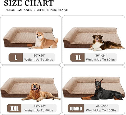 Orthopedic XL Dog Bed Large Sized Dog 42''X28'', Waterproof L Bolster Egg Crate Foam Big Pet Crate Beds with Washable Removable Cover, Non-Slip Soft Pet Couch Sleep Mat, Brown