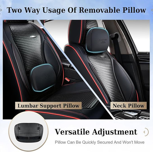 Coverado Car Seat Covers Full Set, Black Redline Seat Covers for Cars, Waterproof Nappa Leather Automotive Seat Covers with Lumbar Head Pillow, Car Seat Protectors, Universal Fit for Most Cars SUV