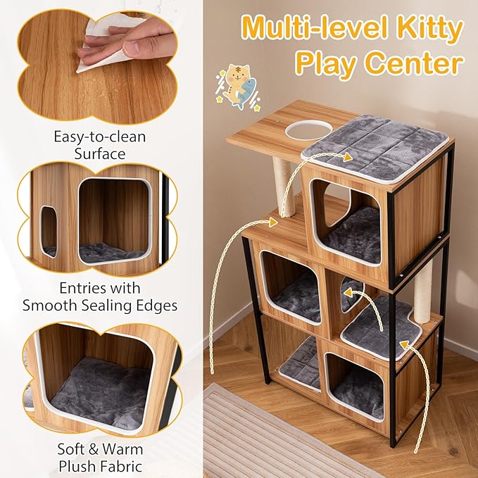 PETSITE 52-inch Wood Cat Tree for Indoor Cats, Multi-Level Solid Metal Framed Wooden Cat Tower with Sisal Scratching Posts and Pad, 3 Condos, and Top Platform with Cat Hole